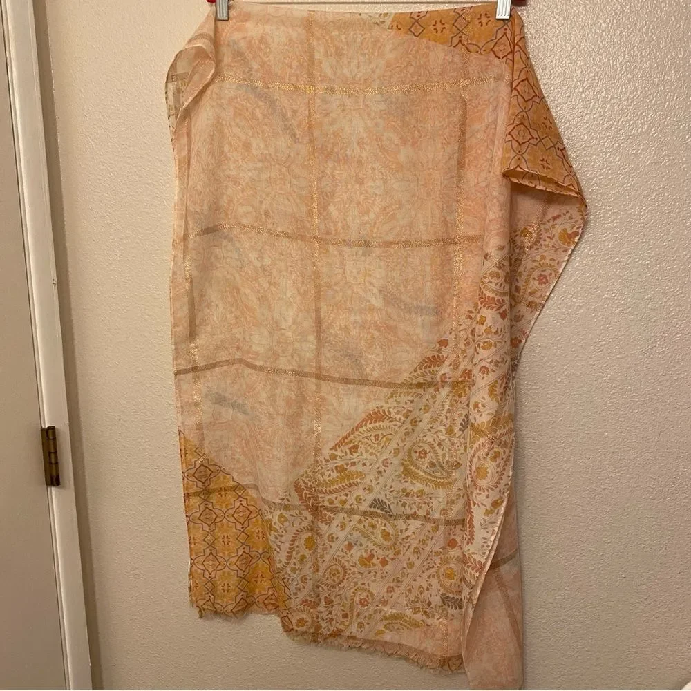 Peach metallic thread paisley print lightweight semi sheer scarf wrap 27x72